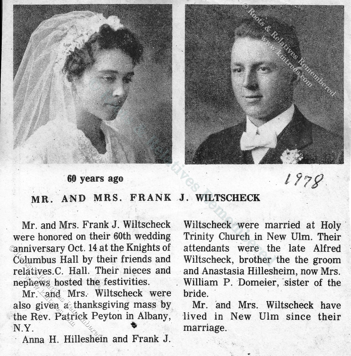 1978 60th Anniv--Frank J. & Anna H. (Hillesheim) Wiltscheck 1978 60th Anniv--Frank J. & Anna H. (Hillesheim) Wiltscheck